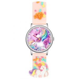 Alienwork Licorne Fille Montre Pédagogique Apprendre l'Heure Enfants Fille Argent Bracelet Pink Enfants Résistant à l'eau 5 ATM Temps d'apprentissage (?Alienwork, neuf)