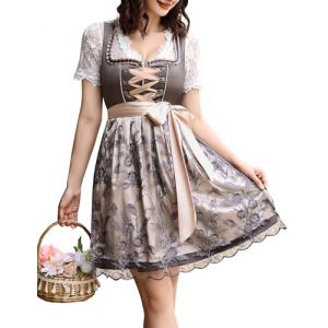 KOJOOIN Dirndl Court 3 Pièces pour Femme. Robe Midi Traditionnelle pour L'Oktoberfest avec Tablier en Dentelle Gris 48 (KUULEE, neuf)