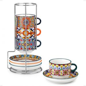 vancasso SIMI Lot de 8 Tasses &agrave; Caf&eacute; avec Soucoupes (270ml) - Service &agrave; Caf&eacute; avec Support M&eacute;tal pour 4 Personnes - Porcelaine pour Expresso, Cappuccino - Style Boh&egrave;me - Passe au Micro-Ondes (vancasso Urban Home, neuf)