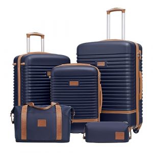 COOLIFE Valise Trolley Valise de Voyage en ABS Coque Rigide Trolley 4 Roues Serrure TSA La Valise Contient 1 Sac de Voyage et 1 Trousse de Toilette (Bleu/Marron, Lot de 5 valises) (Coolife EU Directly, neuf)