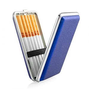 Bleu PU Cuir Femme Etui à cigarettes Métal bleu Boîte à cigarettes en acier inoxydable pour 12 cigarettes avec élastique élégant Slim Etui à cigarettes pour femme Homme Femme Etui à cigarettes Petit (Yishamei, neuf)