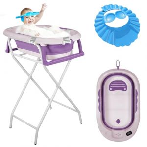 OHMG Baignoire bebe avec Support 85cm，Baignoire Pliable B&eacute;b&eacute; sur Pied，S&eacute;curis&eacute;e et Confortable Bassine Pliable Bebe avec Thermom&egrave;tre et Coussin de bain，Baignoire b&eacute;b&eacute; pliante (jusiZL, neuf)