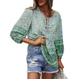 CNTSFS Chemisier pour femme &eacute;l&eacute;gant d&eacute;contract&eacute; boh&egrave;me col en V motif floral tunique ample &agrave; manches longues d'&eacute;t&eacute;, Vert, XL (CNTSFS, neuf)