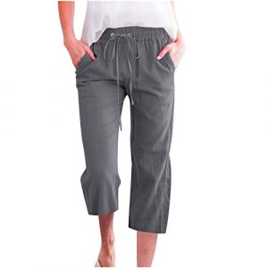 Pantalon Fluide Femme &Eacute;t&eacute; Fluide Coton Lin Taille Haute Elastique D&eacute;contract&eacute;s Pantalons Mode Chanvre Confortable Jogging Plage R&eacute;tro Pants L&eacute;ger Respirant Pantalon avec Poches Pas Cher (⭐⭐⭐⭐⭐5.0 Yaair-OEF, neuf)