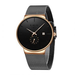 LIGE Montres Homme | 3ATM Waterproof Vintage Quartz Date Mens Watches Black Mesh Stainless Steel Strap Business Casual Simple Analogue Wrist Watch Montre Etanche Homme,Or (BANGWEI Store, neuf)