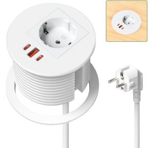Multiprise Encastrable avec 2 USB C PD 35W, Multiprise Electrique Encastrable USB A QC 18W, Bloc Prise Encastrable pour Plan de Travail, Cuisine, Bureau, Meubles, 1,8M Câble, Blanc (YILONGEU, neuf)