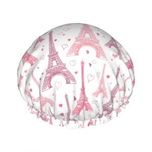 Bonnet de douche pour douche &ndash; Tour Eiffel rose double couche r&eacute;utilisable et imperm&eacute;able Grand bonnet de douche pour femme avec doublure en PEVA et corde &eacute;lastique (Vosery, neuf)