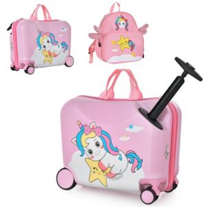 GOPLUS Valise Enfant Fille Garçon, Valise Enfant à roulettes 18" & Sac à Dos 12", Bagage Voyage Enfant d'Assise avec Repose-Pieds, Surface Étanche, Poignée Réglable, Motif Licorne Rose, Charge 50/8KG (Augenstern24, neuf)