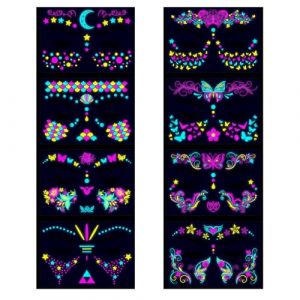 BaronHong Tatouages temporaires phosphorescents pour le visage, autocollants UV néon papillon et fleurs, décorations pour festivals, bars et fêtes (lot de 8 (A), taille M (BaronHong, neuf)