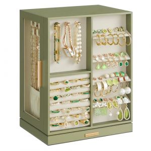 SONGMICS Boîte à Bijoux Rotative à 360°, Coffret à Bijoux avec 5 Tiroirs, Fenêtres en Verre Latérales, Grand, Rangement pour Accessoires, Design Ouvert, Vert Olive JBC170C02 (SONGMICS HOME FR, neuf)