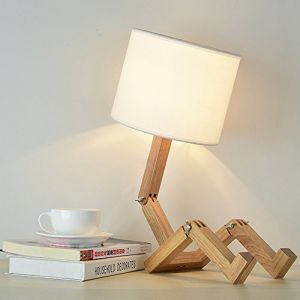 ELINKUME Lampe de Chevet Robot,Lampes de Table Créatives avec Base Bois Ajustable,Salon Lampe de Bureau Moderne E27 avec Abat-jour Tissu,Lampes Décorative Bricolage pour Chambre et Chambre D'enfant (putime, neuf)