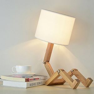 ELINKUME Lampe de Chevet Robot,Lampes de Table Créatives avec Base Bois Ajustable,Salon Lampe de Bureau Moderne E27 avec Abat-jour Tissu,Lampes Décorative Bricolage pour Chambre et Chambre D'enfant (LUCKMAMA, neuf)