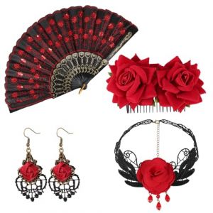 Mikovivi 4pcs Ensemble Accessoires de Flamenco, Femme Pince à Cheveux Rose Rouge Paillettes Brodées Éventail de Flamenco Collier et Boucles d'Oreilles pour Déguisement Danseuse Halloween Cosplay (Bai Yun, neuf)