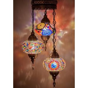 DEMMEX Lustre Turc Marocain en Mosa&iuml;que pour Plafond, Hardwired, Suspension Artisanale &agrave; 3 Globes, Verre Mosa&iuml;que Boh&egrave;me, Hauteur 105 cm, (Personnalisable) (DEMMEXUK, neuf)