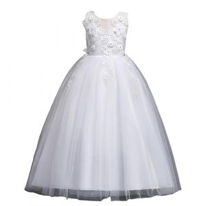 DISSA Robe pour Filles Princesse Blanc sans Manche Robes de Bal Tulle Robe de Soir&eacute;e de Mariage Enfants Dentelle 7-8 Ans,D832 (Fivebee Fashion, neuf)