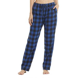 Bas de Pyjama Femme en Flanelle à Carreaux Coton Ultra Doux Pantalon Pyjama Flanelle avec Poches,bleus à carreaux noirs,L (YUSHOW Sports, neuf)