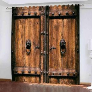 ZZTBQ R&eacute;tro Porte en Bois Lot de 2 Rideaux Occultants, Style campagnard Porte de Villa Rideau Thermique Isolant Anti Froid &agrave; Oeillets, 117x230, Rideau Opaque (ZZTBQ, neuf)