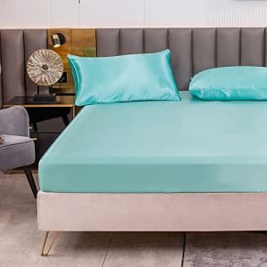 Drap Housse Satin 160x200 cm 2 Personnes avec Grand Bonnet de 30 cm pour Matelas Épais - Drap-Housse Douce en Satin de Soie Polyester Couleur Unie, Bleu Ciel (Cote d'Anran, neuf)