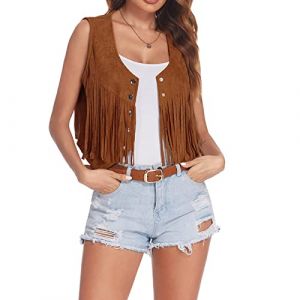2024 Gilet &agrave; Frange Hippie Femme &eacute;t&eacute; Haut Veste Manteau Frang&eacute; sans Manches Vintage Daim Chic et El&eacute;gant Casual Grande Taille Mode Ethnique Cardigan Leger Court Western Cowboy Ext&eacute;rieur Streetwear (GUnakd, neuf)
