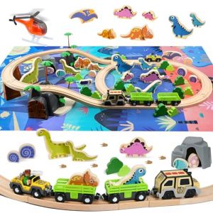 Joellfuner 80 Pièces Ensemble de Trains en Bois, Jouet de Dinosaure Train avec Trains Touristique et Accessoires pour Dinosaures, Circuit Train en Bois Enfant Compatible avec Thomas, Brio et Hape (TORYODOR ETRADE, neuf)
