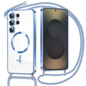 Oelrstfe Coque Magn&eacute;tique pour Samsung Galaxy S25 Ultra 6.9" avec Cordon,Transparent Housse &Eacute;tui Compatible avec MagSafe Case avec Collier Lanyard Ultra Mince Souple TPU Silicone Camera Antichoc, Bleu (Stille Peter, neuf)