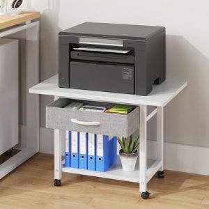 OYRREU Support Imprimante 2 Niveaux avec roulettes et Tiroir | Meuble pour Imprimante Bureau 56x38 cm | Organisation Scanner, Fax, Imprimante 3D | Blanc (EN-HOME, neuf)