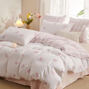 Sedefen Housse de Couette 200x200cm Blanc Rose Rayures Noeud Papillon R&eacute;versible Parure de Lit Ado 2 Personne Romantique Housse Couette en Microfibre avec Fermeture &Eacute;clair et 2 Taie d'oreiller 65x65cm (ArvinBoutiques, neuf)