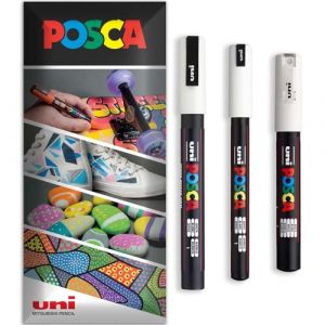 Posca Lot de 3 marqueurs permanents &agrave; base d'eau - Utilisation multi-surfaces - PC-1MR, PC-1M, PC-3M - Lot de 3 stylos dans un &eacute;tui (blanc) (Ponera, neuf)