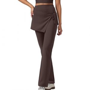 Pantalon de yoga pour femme avec jupe portefeuille intégrée - Pantalon 2 en 1 avec évasé pour le sport et les loisirs - Legging bootcut avec jupe asymétrique, Style_d03 marron, M (OGfkgs8, neuf)
