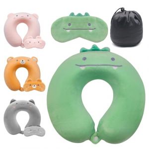 Lookka Oreiller de Voyage Mignon pour Enfant, Coussin de Soutien du Cou en Mousse &agrave; m&eacute;moire de Forme (Housse Lavable) avec Joli Masque pour Les Yeux pour Dormir et se Reposer en Avion, Appui-t&ecirc;te de (Redsno, neuf)