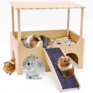 GHWMYD Cabane Cochon d'Inde, Grande Maison Lapin avec Rampe 3 Entrées, Maisonnette pour Rongeurs Nature 38 x 25 x 35cm, Cachette en Bois Petits Animaux de Compagnie, Hamsters Nains, Chinchilla (aduoluo-beauty, neuf)