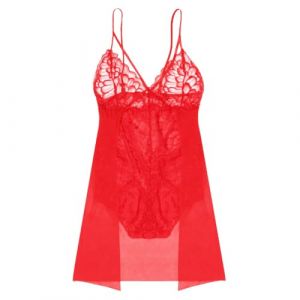 HOTSO Femme No&euml;l Nuisette Sexy Transparente Chemise de Nuit Dentelle Babydoll Une Pi&egrave;ce Teddy Bodysuit Lingerie N&eacute;glig&eacute; Coquine Col en V Licou sans Manches Bandouli&egrave;re Chemise Femme P&egrave;re No&euml;l Rouge (wangshuaisan, neuf)