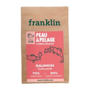 Franklin – Croquettes pour Chien – Gamme Protéinée – avec 70% de Saumon – Mono-protéine – sans Céréales – Peau et Pelage – Forme Triangle 11mm – 2,5 kg (Franklin Pet Food, neuf)