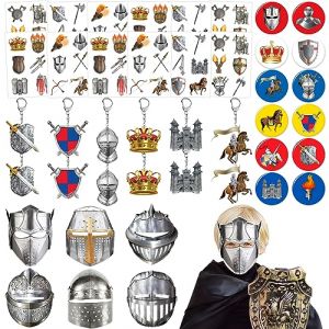 48PCS M&eacute;di&eacute;val Party Favors D&eacute;corations Fournitures Casque de Chevalier &agrave; Th&egrave;me M&eacute;di&eacute;val Masques en Papier Bouton Pins Porte-cl&eacute;s Tatouages pour Anniversaire M&eacute;di&eacute;val Chevalier Costume F&ecirc;te (Mangober, neuf)