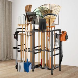 Étagère de rangement mobile pour outils de jardin, étagères utilitaires en métal, support de rangement de garage, porte-vadrouille commercial, peut contenir outils, pelles, râteaux, balais, cordons (XXWX, neuf)
