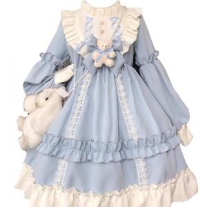 Robe De Princesse Lolita Japonaise Mignonne Et Douce pour Femmes Y2k Printemps Et Automne Robes Lolita À Manches Longues Légères Kawaii Cosplay Party (Bleu,M) (yunyunzongshengshangmao, neuf)