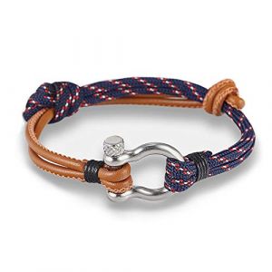 EXINOX Bracelet Nautique Manille en Acier | Homme et Femme | Cuir d'acier Inoxydable (Bleu, Rouge et Cuir) (BELA RETAIL, neuf)