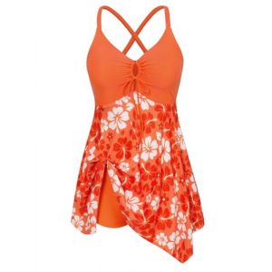 Hanna Nikole Maillot de bain femme grande taille Sexe avant Trou de serrure ventre plat une pièce Robe de bain avec pantalon Maillots de bain Maillots de bain pour femmes, Orange et fleur, 48 Große (leisurelax-eu, neuf)
