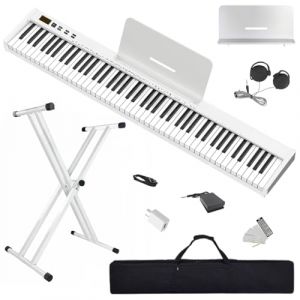 【Pack complet avec support】 Longeye Piano Num&eacute;rique 88 Touches Clavier &Eacute;lectrique Semi-Lest&eacute; Compact et Portable pour D&eacute;butants, Sac de Transport, Pupitre, P&eacute;dale de Sustain,Blanc(slim-88) (Longeye Piano, neuf)