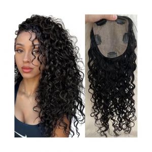Topper cheveux Postiches for femmes de 20 à 55 cm de long, cheveux ondulés et bouclés, densité de 150%, cheveux humains vierges européens noirs naturels, base en soie de 15 x 16 cm Extensions de Chev (liupengshop, neuf)
