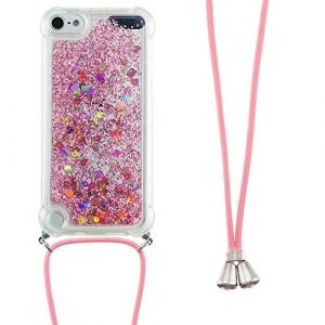 Collier Coque pour iPod Touch 5 / iPod Touch 6/7,Glitter Paillette Brillante Quicksands Liquide Transparente Silicone TPU Case Housse avec Cordon Collier Tour de Cou pour iPod Touch 5,GS Rose Heart (LEMAXELERS, neuf)
