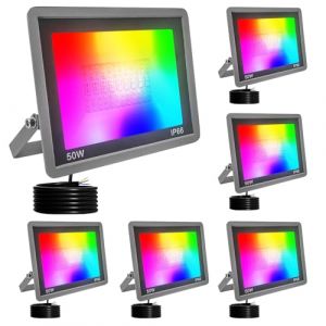Fosingut RGBCW Projecteur LED Extérieur 50W,Spot LED Couleur 2700K-6500K,Contrôle l'APP/Musique Sync/Minuteur/Dimmable/Étanche Luminaire RGB Éclairage Extérieur Murale pour Jardin,Cour,Noël,Fête-6pcs (Teyinuo Lighting, neuf)