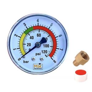 MK MEASURING &ndash; Manom&egrave;tre de Pression d'Eau 0&ndash;8 Bar / 120 PSI, Raccord Laiton 1/4" BSP, Connecteur arri&egrave;re, Pour R&eacute;ducteur de Pression et Chauffe-eau &ndash; Avec T&eacute;flon et Adaptateur 1/4"​ NPT (MK Measuring, neuf)