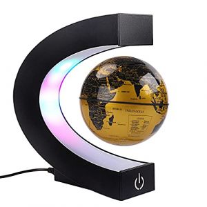 Flrmingigigi Globe flottant magnétique avec lumières LED colorées en forme de C - Anti-gravité Carte du monde rotative pour cadeau à la maison, au bureau Décoration (avec interrupteur, doré), or (Yunwanness, neuf)