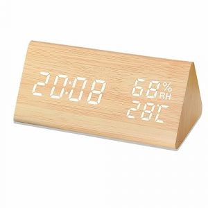 Lancoon Digital Alarm Clock, Wooden Electronic LED Time Date Display Temperature Moisture Detection 3 Réglage D’Alarme 3 Niveau De Luminosité pour La Chambre à Coucher à Domicile Bureau (Lancoon, neuf)