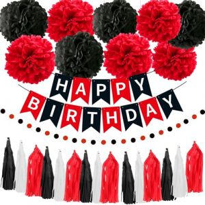26 Pi&egrave;ces Pompons Papier, D&eacute;coration Anniversaire, D&eacute;corations de F&ecirc;te, Rouge et Noir Decoration, Happy Birthday Banni&egrave;re, Couronnes Pompons, Couronnes Pois, F&ecirc;tes Anniversaire, Thanksgiving, No&euml;l (TIGERX SOCIETATE CU RASPUNDERE, neuf)