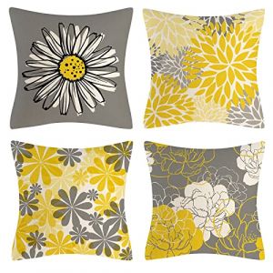 OCEUMACO Housse de Coussin 50x50 Fleurs Gris Boh&ecirc;me D&eacute;coratif Housses Coussins pour Canap&eacute; Lit Chaise Salon Lot de 4 Fleuri G&eacute;om&eacute;trique Taie d'oreiller en Lin Scandinave - Jaune Moutarde (Oceum, neuf)