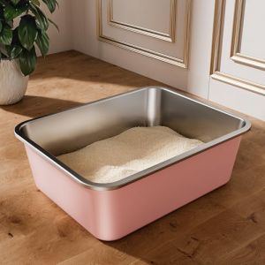 Bac Litiere pour Chat en INOX, Bac &agrave; Liti&egrave;re pour Grands Chats, Chatons et Lapins, Caisse Chat Litiere XXL, Litiere Toilette pour Maine Coon, Anti-Adh&eacute;rent, Anti-Odeurs (Rose, 45 * 35 * 15cm) (ICOYEA, neuf)
