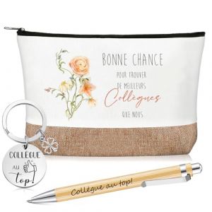 Xuniea Set de 3 Pi&egrave;ces Cadeau Merci Collegue pour No&euml;l Aniversaire Cadeau D&eacute;part Coll&egrave;gue de Travail Femme Trousse de Maquillage en Jute Porte-Cl&eacute;s Stylo &agrave; Bille en Bois pour Employ&eacute; Retraite Femme (Yanyhhng, neuf)