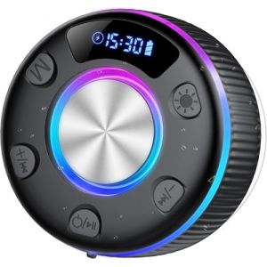 Enceinte Bluetooth Douche, 2025 Enceinte Bluetooth 5.3 avec Ventouse pour La Salle De Bain, 3D St&eacute;r&eacute;o, Lumi&egrave;re LED, &Eacute;tanche IP7 Haut-Parleur de Douche avec Mic/Appel pour Soir&eacute;es Plage, Voyage, Douche (ALPHAMAZ LTD, neuf)